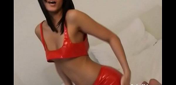  These shiny red PVC lingerie is totally skin tight